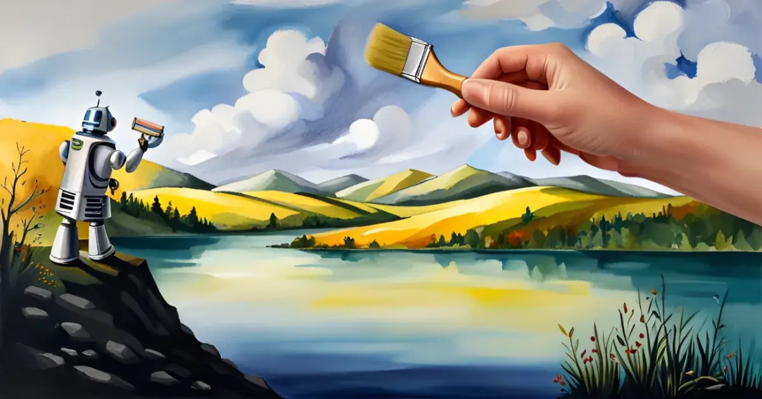 Illustration of a human hand and a robot both painting a landscape picture.
